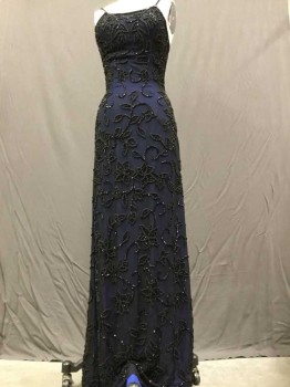 Womens, Evening Gown, Sean, Black, Navy Blue, Silk, Beaded, Floral, 2, Spaghetti Strap, Fancy Back Straps Detail,