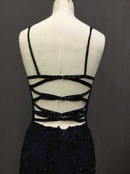 Womens, Evening Gown, Sean, Black, Navy Blue, Silk, Beaded, Floral, 2, Spaghetti Strap, Fancy Back Straps Detail,