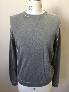 Mens, Pullover Sweater, ZEGNA, Lt Gray, Cashmere, Solid, S, with White Exterior Seams, L/S, Ribbed Knit CN/Cuff/Waistband