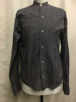 N/L, Graphite Gray, Black, Cotton, Floral, Polka Dots, Graphite with Black Floral and Tiny Polka Dot Print, Button Front, Collar Band, Long Sleeves, Aged/Distressed,  Shoulder Burn