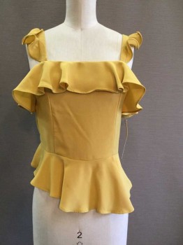 Chriselle J.O.A., Mustard Yellow, Polyester, Solid, Ruffle Trim, Sleeveless, Smocked Back