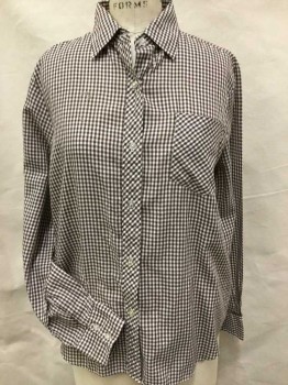 M W, Brown, White, Cotton, Polyester, Gingham, Collar Attached, Button Front, 1 Pocket, Long Sleeves,
