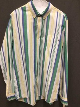 SLIM FIT, White, Lt Yellow, Royal Blue, Green, Cotton, Stripes - Vertical , Button Down Collar, Long Sleeves, Button Front, 1 Pocket,