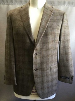Mens, Sportcoat/Blazer, HART SCHAFFNER, Lt Brown, Brown, Lt Blue, Wool, Plaid, 44R, Single Breasted, Collar Attached, Notched Lapel, 3 Pockets, 2 Buttons