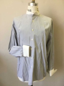 PRES DU CORPS, White, Lt Blue, Navy Blue, Black, Cotton, Stripes, Mens Upper Class Shirt. Striped Cotton with White Collar Band, White French Cuffs. Self Bib Front. Stains on Cuffs