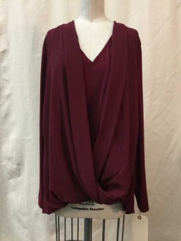 Womens, Blouse, ALFANI, Red Burgundy, Synthetic, Solid, 16W, Burgundy, V-neck, Wrap Style, Long Sleeves,