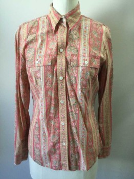 Womens, Blouse, LUCKY BRAND, Pink, Beige, Gray, Cotton, Floral, Stripes, M, Button Front, Collar Attached, Long Sleeves, 2 Flap Pockets