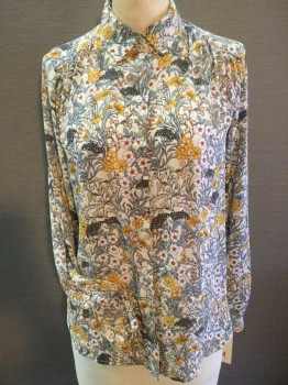 Womens, Blouse, H & M, Cream, White, Yellow, Slate Blue, Gray, Polyester, Floral, 2, Cream W/yellow, Orange, White, Slate Blue, Dark Gray, Black Floral Print, Collar Attached, Button Front, Yoke, Long Sleeves,