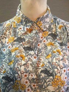 Womens, Blouse, H & M, Cream, White, Yellow, Slate Blue, Gray, Polyester, Floral, 2, Cream W/yellow, Orange, White, Slate Blue, Dark Gray, Black Floral Print, Collar Attached, Button Front, Yoke, Long Sleeves,