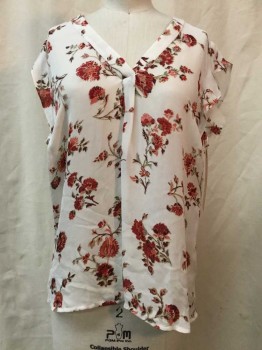 JOIE, White, Beige, Coral Pink, Red, Sage Green, Silk, Floral, White, Beige/ Coral Pink/ Red/ Sage Floral Print, V-neck, Ruffle Cap Sleeve