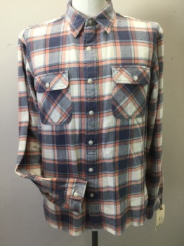 RALPH LAUREN, Salmon Pink, Navy Blue, White, Cotton, Plaid, Button Front, Long Sleeves, Collar Attached, 2 Flap Pocket, Flannel