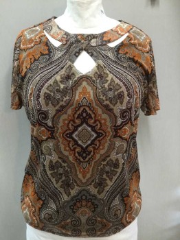 Womens, Top, INC, Brown, Orange, Beige, White, Gray, Nylon, Paisley/Swirls, Abstract , 1X, Paisley Like Pattern, Short Sleeve, Round Neck with Cutouts Below, Pullover