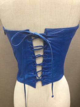 Womens, Top, NORTH BEACH LEATHER, Blue, Leather, Solid, S, Strapless Corset Top, Boned Bodice, Sweetheart Bust, V-shape Pointed Waist, Self Laces at Center Back, Side Zip