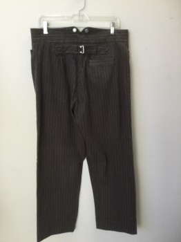 Mens, Historical Fiction Pants, WAH MAKER, Black, Lt Brown, Cotton, Stripes - Pin, In:29+, W:33, Canvas, Button Fly, 4 Pockets, Belted Back, Suspender Buttons at Outside Waist, Reproduction Old West