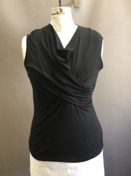 CLASSIQUES, Black, Wool, Viscose, Solid, Sleeveless, Cowl Neck, Tshirt, Gathered From Left Side Seam
