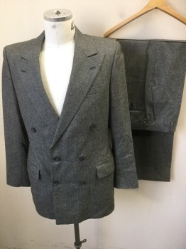 KILGOUR, BARNEY'S, Lt Gray, Black, Wool, Houndstooth, Double Breasted, 6 Buttons, Peaked Lapel, No Back Vent, Wool Flannel
