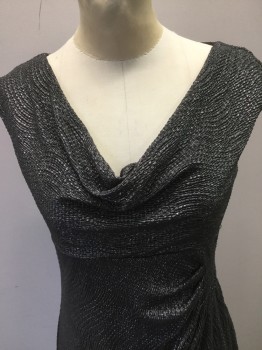 Womens, Evening Gown, LAUREN, Pewter Gray, Polyester, Synthetic, Heathered, 4, Sparkely Textured Wavey Knit. Draped Cawl Neck Front, Sleeveless, Pleated Drape Detail at Front Left Hip                                                                  Bbbbbbbbbbbnn