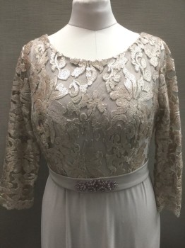 Womens, Evening Gown, EVA, Taupe, Metallic, Lavender Purple, Polyester, Sequins, Floral, Solid, B42, XL, W34, Bodice/Top is Sheer Net with Floral Metallic Sequin Appliqués, 3/4 Sleeves, Scoop Neck, Bottom/Skirt is Solid Taupe Stretch Poly, 1.5" Wide Self Belt Attached at Waist with Lavender Beaded Brooch Detail at Center Front, Floor Length Hem