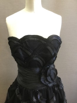 Womens, Cocktail Dress, N/L, Black, Polyester, Solid, W:26, B:34, XS/S, Black Tulle Net Over Opaque Black Satin, Black Satin Pleated Scallopped Appliques Throughout, Strapless with Scallopped Edge at Bust, Pleated Satin 4" Wide Waistband with 3D Rosette at Side Front, Full Skirt Gathered at Waist, Knee Length