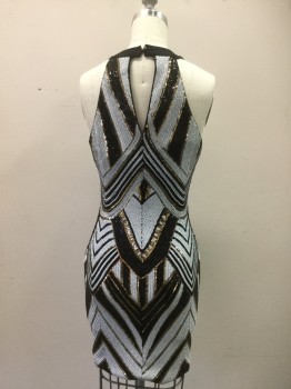 Womens, Cocktail Dress, WINDSOR, White, Black, Gold, Polyester, Sequins, Geometric, S, Art Deco, Halter, Cotton Collar with Button Back, Keyhole Center Front and Center Back, Hem Above Knee