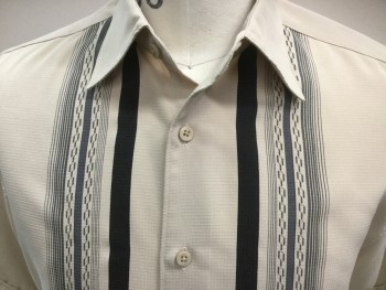 HAVANERA, Beige, Gray, Black, Polyester, Novelty Pattern, Button Front, Short Sleeves, Grid Weave, Printed Stripes Down Center Front, Retro