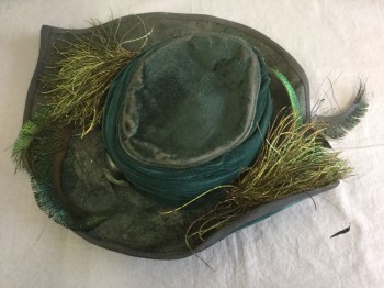 N/L, Dk Green, Forest Green, Green, Black, Wool, Feathers, Solid, Wide Brim Hat, Covered in Plush Dark Green Wool, Pointed at Either Side of Brim, Dark Green Velvet Gathered Band, Green Peacock Feather Trim **Plush Wool Wearing Away in Spots,