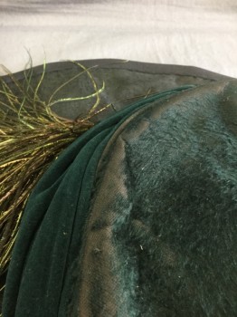 N/L, Dk Green, Forest Green, Green, Black, Wool, Feathers, Solid, Wide Brim Hat, Covered in Plush Dark Green Wool, Pointed at Either Side of Brim, Dark Green Velvet Gathered Band, Green Peacock Feather Trim **Plush Wool Wearing Away in Spots,