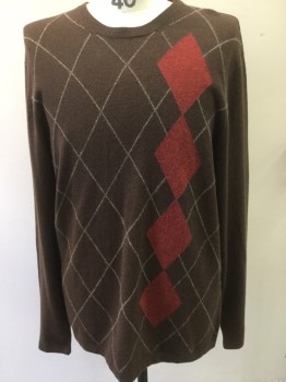 Mens, Pullover Sweater, JWN, Brown, Red, Gray, Cashmere, Argyle, L, Crew Neck,