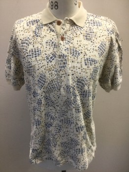 PERRY ELLIS, Cream, White, Navy Blue, Taupe, Tan Brown, Cotton, Abstract , White with Busy Cream/Taupe/Tan/Navy Small Rounded Squares Pattern Pique Jersey, Short Sleeves, Solid Cream Ribbed Collar and Cuffs, 2 Buttons at Neck