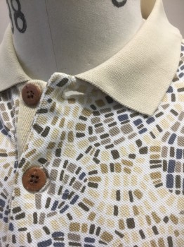 PERRY ELLIS, Cream, White, Navy Blue, Taupe, Tan Brown, Cotton, Abstract , White with Busy Cream/Taupe/Tan/Navy Small Rounded Squares Pattern Pique Jersey, Short Sleeves, Solid Cream Ribbed Collar and Cuffs, 2 Buttons at Neck