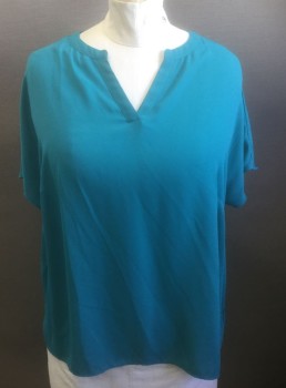WORTHINGTON, Turquoise Blue, Polyester, Solid, Sheer Chiffon, Dolman Short Sleeves, Notched Scoop Neck, High/Low Hemline