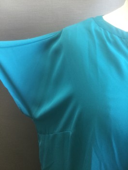 WORTHINGTON, Turquoise Blue, Polyester, Solid, Sheer Chiffon, Dolman Short Sleeves, Notched Scoop Neck, High/Low Hemline