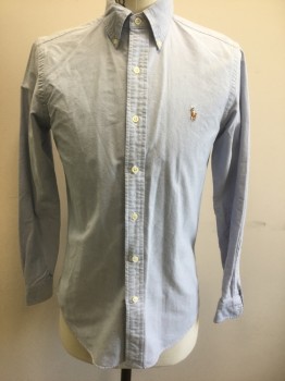 RALPH LAUREN, Lt Blue, White, Cotton, Oxford Weave, Long Sleeve Button Front, Collar Attached, Button Down Collar, Polo Rider on Horse Embroidered Logo at Chest, **Has a Double