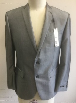 Mens, Suit, Jacket, BAR III, Gray, Polyester, Viscose, Herringbone, 42R, Single Breasted, Notched Lapel, 2 Buttons, 3 Pockets, Gray Pinstriped Lining