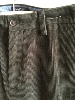 NAUTICA, Dk Brown, Cotton, Solid, 1.5" Waistband with Belt Hoops, Corduroy,  Flat Front, Zip Front, 4 Pockets
