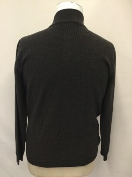 Mens, Pullover Sweater, MAURIZIO BALDASSARI, Dk Brown, Cashmere, Heathered, L, 1/4 Button Front, High Neck, Long Sleeves, Diagonal Ribbed Knit, Ribbed Knit Neck/Waistband/Cuff