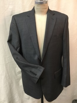 PERRY ELLIS, Charcoal Gray, Lt Gray, Wool, Stripes, Herringbone, Single Breasted, 2 Buttons,  3 Pockets, 2 Slits at Back