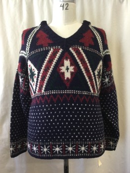 Mens, Pullover Sweater, WOOLRICH, Navy Blue, Ivory White, Red Burgundy, Forest Green, Wool, Novelty Pattern, Holiday, L, V-neck