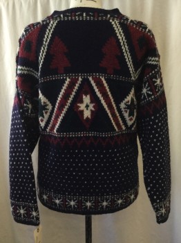 Mens, Pullover Sweater, WOOLRICH, Navy Blue, Ivory White, Red Burgundy, Forest Green, Wool, Novelty Pattern, Holiday, L, V-neck