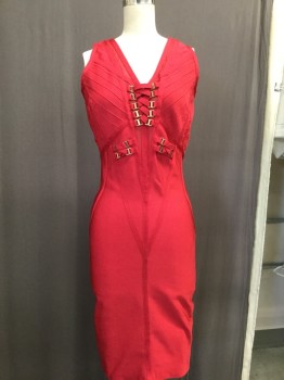 Womens, Cocktail Dress, WOW COUTURE, Red, Gold, Polyester, Spandex, Solid, S, V-neck, Sleeveless, Ribbed Detail , Ribbon Applique, Ribbon Faux Lacing with Gold Brachets, Plunging Back V, Zip Back,