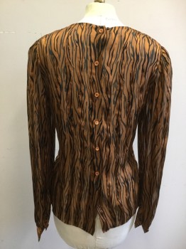 ADRIANNA PAPELL, Copper Metallic, Black, Silk, Animal Print, Stripes - Diagonal , Sheer Shadow Tiger Stripes Overlay, Cowl,  Neck, Button Back, Gathered Inset Sleeve, Cuffs