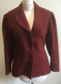 Womens, Coat 1890s-1910s, N/L MTO, Maroon Red, Wool, Solid, B:40, Thick Wool, Single Breasted, Large Curved Peaked Lapel, 4 Buttons, Puffy Sleeves Gathered at Shoulders, Dark Navy Satin Lining, Made To Order Reproduction