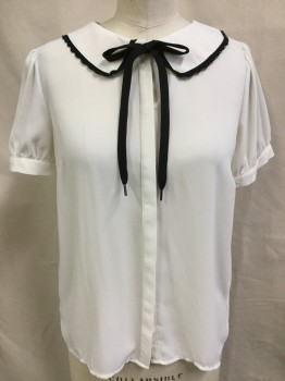 FOREVER 21, Cream, Black, Polyester, Solid, Cream Sheer, Collar Attached with Black Scallop Lace Trim & Black Shoe String Bow Tie, Hidden Button Front, Short Puffy Sleves