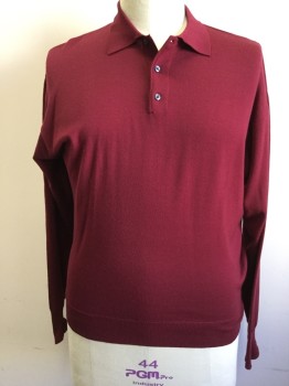 E-LUXE, Wine Red, Wool, Solid, Polo Sweater, Ribbed Knit Collar Attached, 3 Buttons,  Long Sleeves, Ribbed Knit Cuff/Waistband