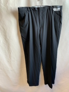 JOSEPH A. FEISS, Black, Polyester, Viscose, Solid, Double Pleats, Zip Fly, Button Tab Closure, 4 Pockets, Belt Loops, Cuffed Hem