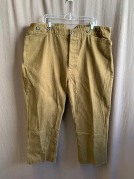Mens, Historical Fiction Pants, FRONTIER CLASSICS, Dk Brown, Cotton, Solid, 44/28, Twill, Flat Front, Button Fly,  Suspender Buttons, 3 Pockets + Watch Pocket, Waist Higher in Back, Tab Back Waist Belt, Deep Hem with Crease Mark at Current Hem, Multiples, 1800's