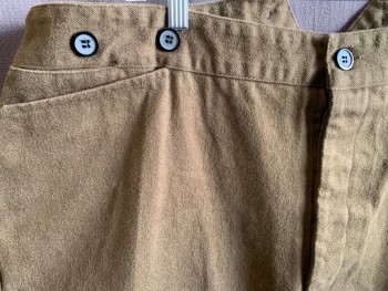 Mens, Historical Fiction Pants, FRONTIER CLASSICS, Dk Brown, Cotton, Solid, 44/28, Twill, Flat Front, Button Fly,  Suspender Buttons, 3 Pockets + Watch Pocket, Waist Higher in Back, Tab Back Waist Belt, Deep Hem with Crease Mark at Current Hem, Multiples, 1800's