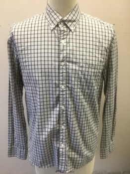 J CREW, Lt Gray, Dk Gray, Cotton, Plaid - Tattersall, Grid , Light Gray with Dark Gray Grid/Tattersall Pattern, Long Sleeve Button Front, Collar Attached, Button Down Collar, 1 Pocket