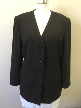 DANA BUCHMAN, Dk Brown, Polyester, Wool, Solid, Waffled Texture, 3 Buttons,  V-neck, Padded Shoulders, Below Hip Length,