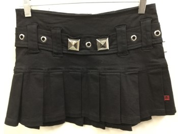 Womens, Skirt, Mini, TRIPP  NYC, Black, Poly/Cotton, Lycra, Solid, XS, Black with 2" Belt with Metal Ring & Square Detail Work Front, Accordion Pleat Bottom, Zip Back,